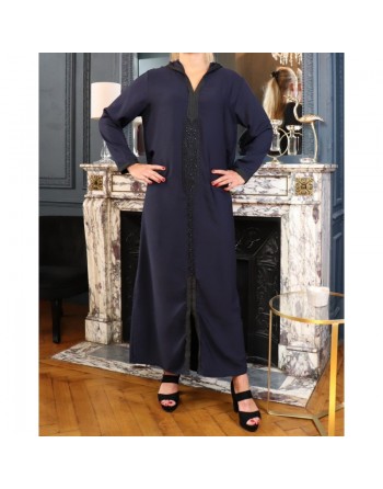 Djellaba marocaine brodée à capuche et manches longues pour femme - Couleur Bleu nuit 