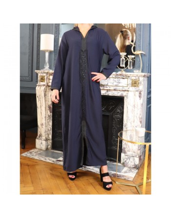 Djellaba marocaine brodée à capuche et manches longues pour femme - Couleur Bleu nuit 