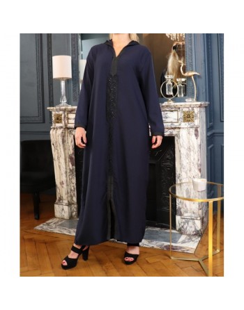 Djellaba marocaine brodée à capuche et manches longues pour femme - Couleur Bleu nuit 