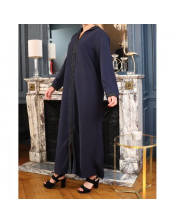 Djellaba marocaine brodée à capuche et manches longues pour femme - Couleur Bleu nuit 