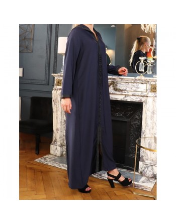 Djellaba marocaine brodée à capuche et manches longues pour femme - Couleur Bleu nuit 