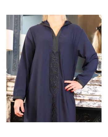 Djellaba marocaine brodée à capuche et manches longues pour femme - Couleur Bleu nuit 