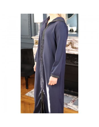 Djellaba marocaine brodée à capuche et manches longues pour femme - Couleur Bleu nuit 