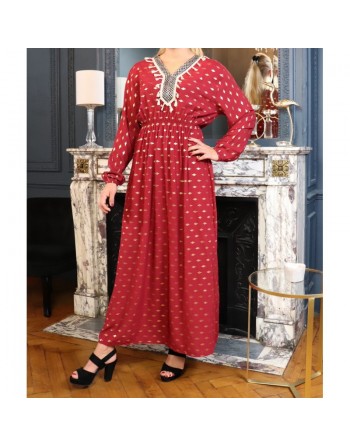 Robe longue avec motifs dorés broderies et pompons pour femme - Couleur bordeaux 