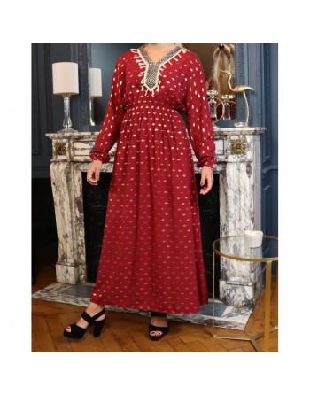 Robe longue avec motifs dorés broderies et pompons pour femme - Couleur bordeaux 