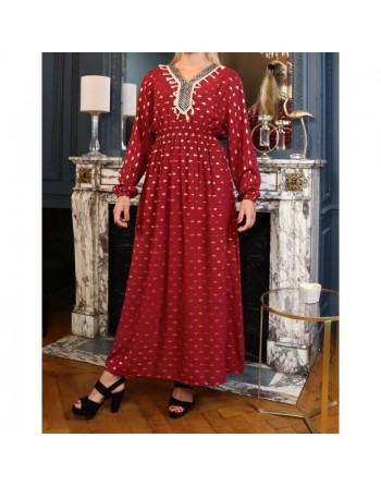 Robe longue avec motifs dorés broderies et pompons pour femme - Couleur bordeaux 