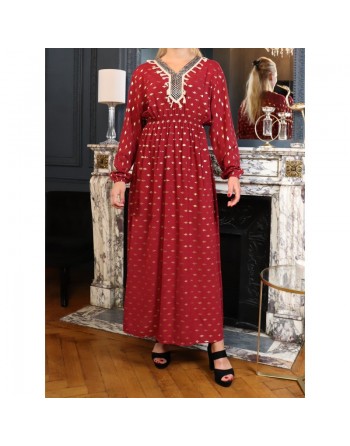 Robe longue avec motifs dorés broderies et pompons pour femme - Couleur bordeaux 