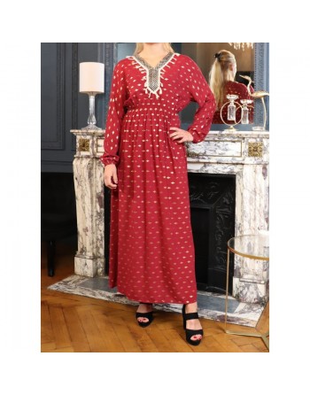 Robe longue avec motifs dorés broderies et pompons pour femme - Couleur bordeaux 