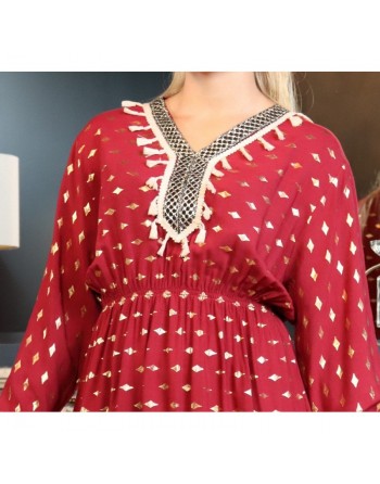 Robe longue avec motifs dorés broderies et pompons pour femme - Couleur bordeaux 