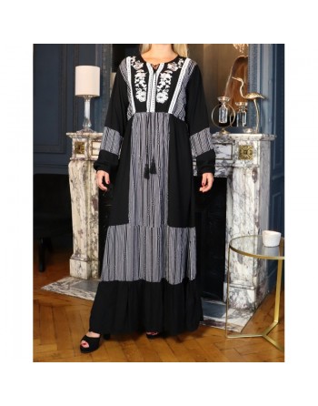 Robe coton à manches longues à rayures et broderies florales pour femme - Couleur noir 