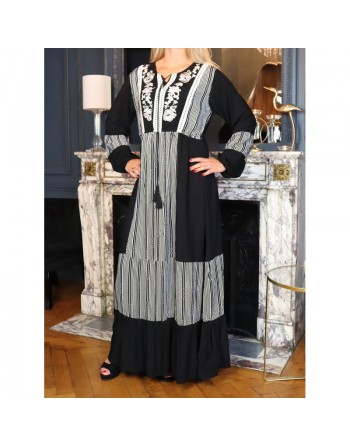 Robe coton à manches longues à rayures et broderies florales pour femme - Couleur noir 