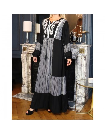 Robe coton à manches longues à rayures et broderies florales pour femme - Couleur noir 