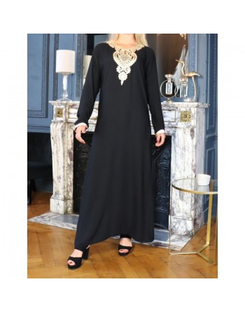 Robe longue style oriental avec borderie traditionnelle pour femme - Couleur Noir 