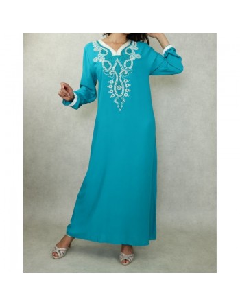 Robe orientale longue avec belles broderies en coton pour femme - Couleur Vert émeraude 
