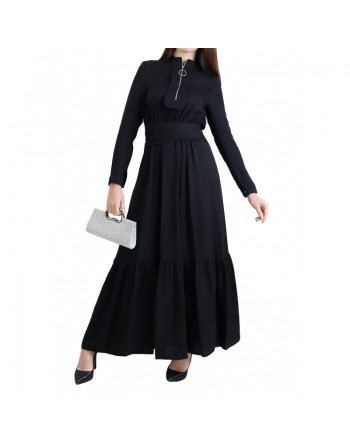 Robe longue style casual avec ceinture à nouer pour femme - Couleur Noir 
