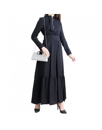 Robe longue style casual avec ceinture à nouer pour femme - Couleur Noir 