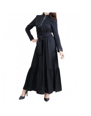 Robe longue style casual avec ceinture à nouer pour femme - Couleur Noir 