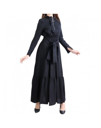 Robe longue style casual avec ceinture à nouer pour femme - Couleur Noir 