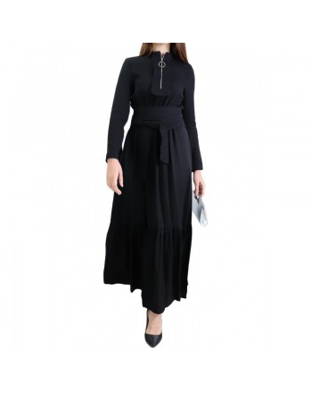 Robe longue style casual avec ceinture à nouer pour femme - Couleur Noir 