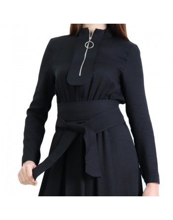 Robe longue style casual avec ceinture à nouer pour femme - Couleur Noir 