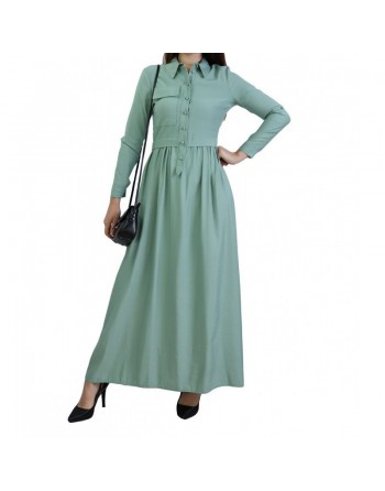 Robe casual longue boutonnée évasée pour femme - Couleur Vert amande 