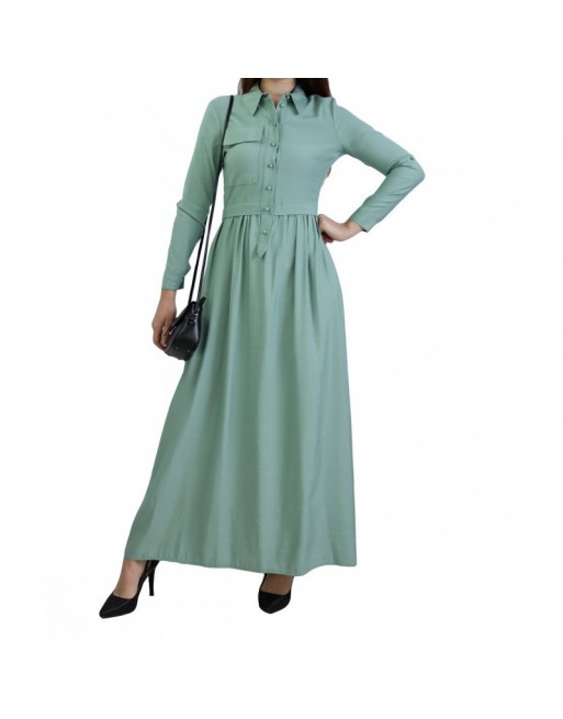 Robe casual longue boutonnée évasée pour femme - Couleur Vert amande Robe casual longue boutonnée évasée pour femme - Couleur Vert amande