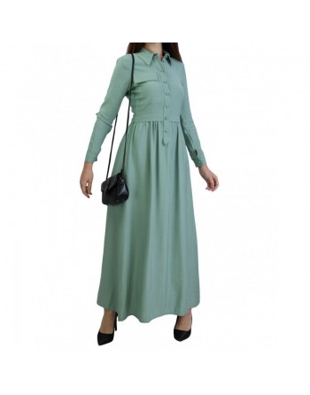 Robe casual longue boutonnée évasée pour femme - Couleur Vert amande 