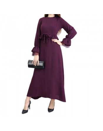 Robe longue évasée fluide et chic à volants pour femme - Couleur Aubergine 