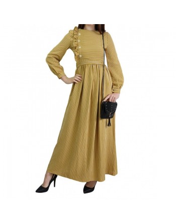 Robe casual longue évasée à rayures blanches pour femme - Couleur Moutarde 