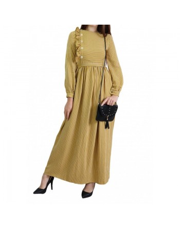 Robe casual longue évasée à rayures blanches pour femme - Couleur Moutarde 