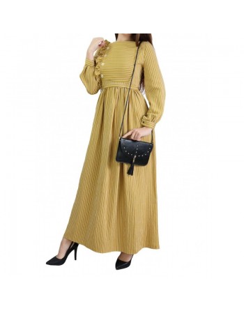Robe casual longue évasée à rayures blanches pour femme - Couleur Moutarde 