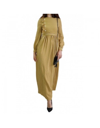 Robe casual longue évasée à rayures blanches pour femme - Couleur Moutarde 