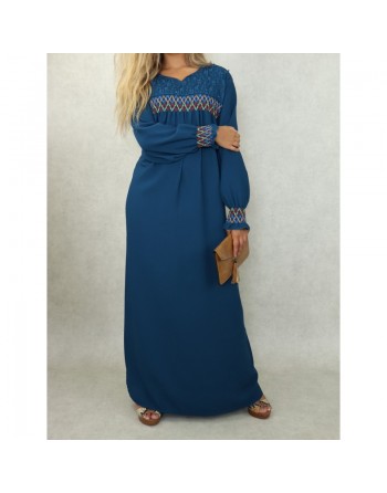 Robe longue avec broderies colorées et perles pour femme - Couleur bleu Prusse 