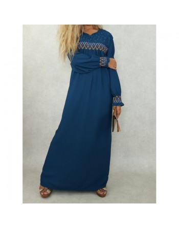 Robe longue avec broderies colorées et perles pour femme - Couleur bleu Prusse 