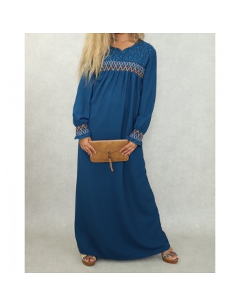 Robe longue avec broderies colorées et perles pour femme - Couleur bleu Prusse 