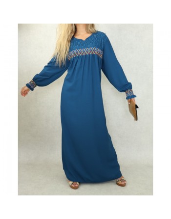 Robe longue avec broderies colorées et perles pour femme - Couleur bleu Prusse 