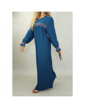 Robe longue avec broderies colorées et perles pour femme - Couleur bleu Prusse 