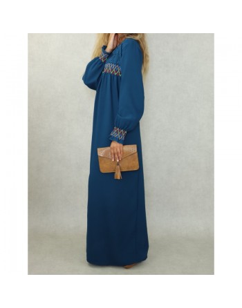 Robe longue avec broderies colorées et perles pour femme - Couleur bleu Prusse 