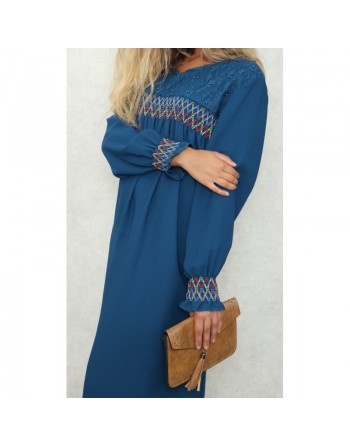 Robe longue avec broderies colorées et perles pour femme - Couleur bleu Prusse 