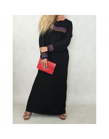 Robe longue avec broderies colorées et perles pour femme - Couleur noire 
