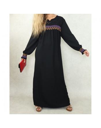 Robe longue avec broderies colorées et perles pour femme - Couleur noire 