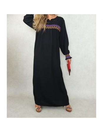 Robe longue avec broderies colorées et perles pour femme - Couleur noire 