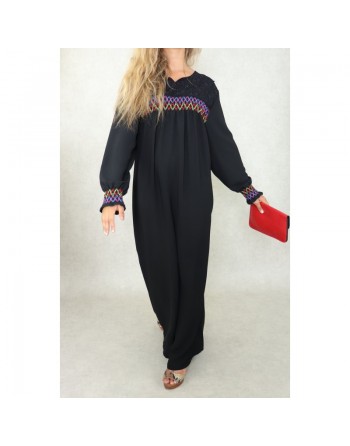 Robe longue avec broderies colorées et perles pour femme - Couleur noire 
