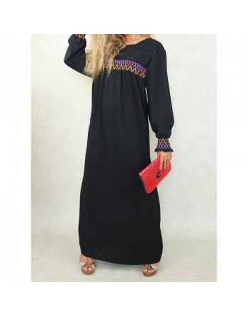 Robe longue avec broderies colorées et perles pour femme - Couleur noire 