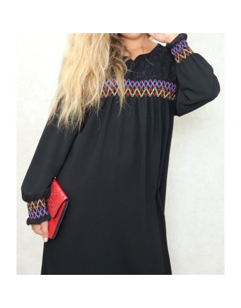 Robe longue avec broderies colorées et perles pour femme - Couleur noire 