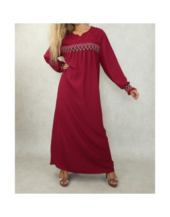 Robe longue avec broderies colorées et perles pour femme - Couleur bordeaux 