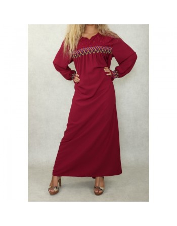 Robe longue avec broderies colorées et perles pour femme - Couleur bordeaux 