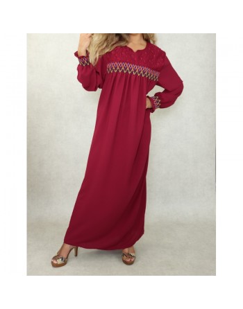 Robe longue avec broderies colorées et perles pour femme - Couleur bordeaux 
