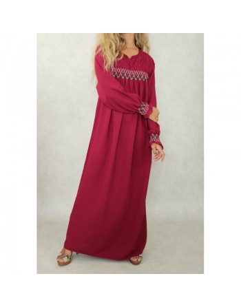 Robe longue avec broderies colorées et perles pour femme - Couleur bordeaux 