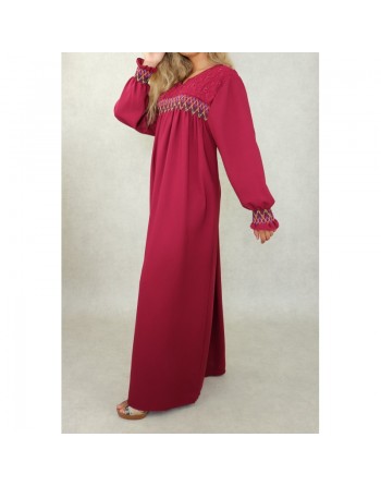 Robe longue avec broderies colorées et perles pour femme - Couleur bordeaux 